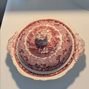 Mason's Vista England Red Scene Ironstone Covered Handled Serving Dish